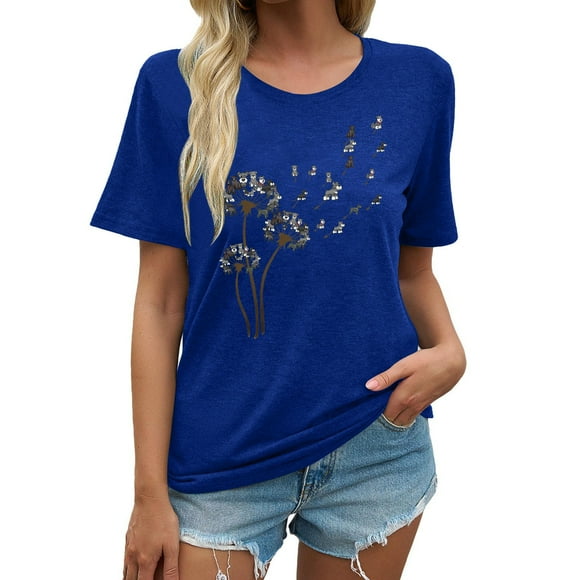 Fgnfyis Women's Casual Short Sleeve T Shirt Loose Fit Round Neck Printed Top for Daily Wear Comfortable Soft Breathable Tee Women's Tops Blue XXL