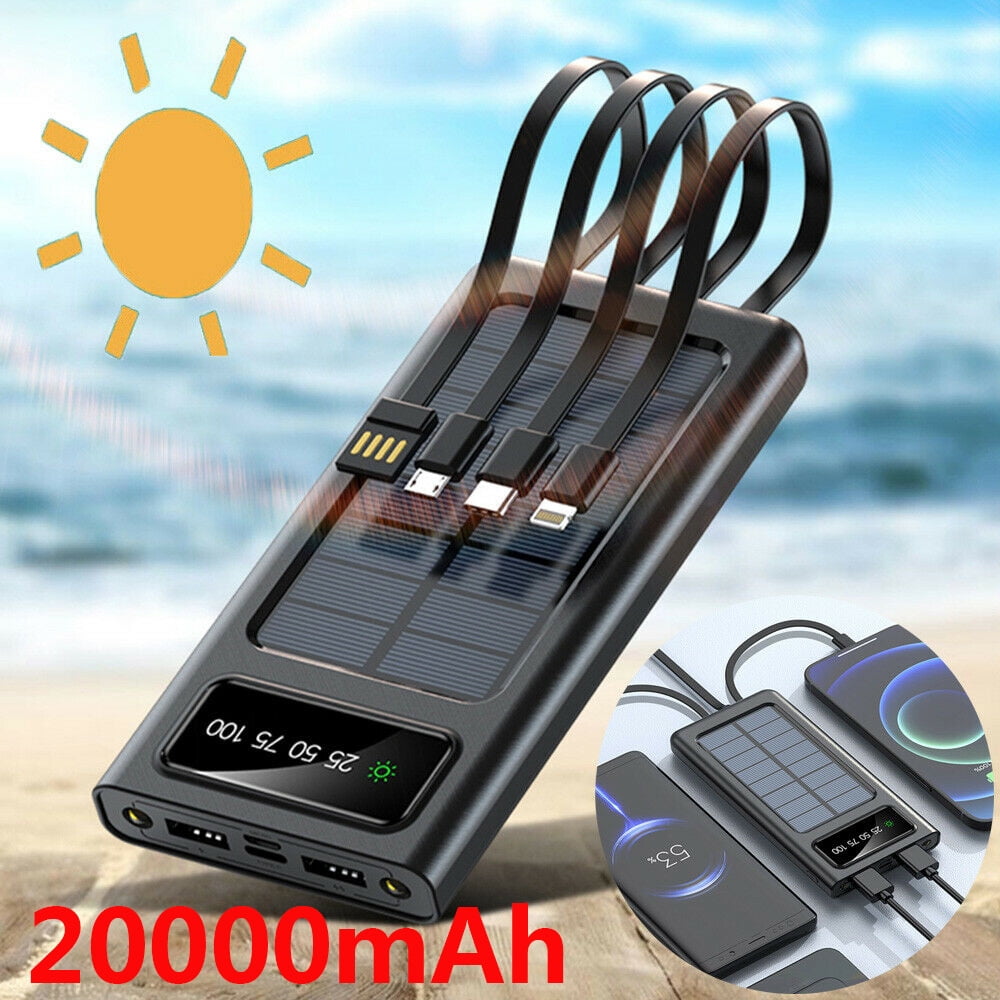 Solar Power Bank 20000mAh Built in 4 Cables Qi Wireless Charger with ...