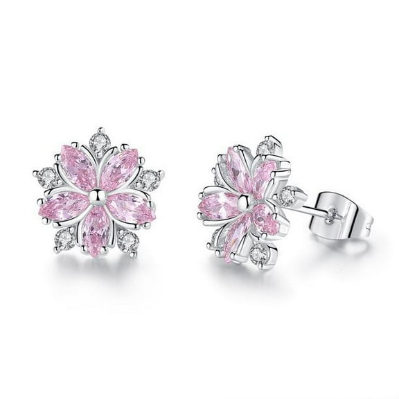 14K White Gold Plated Pink Sapphire Flower Earrings