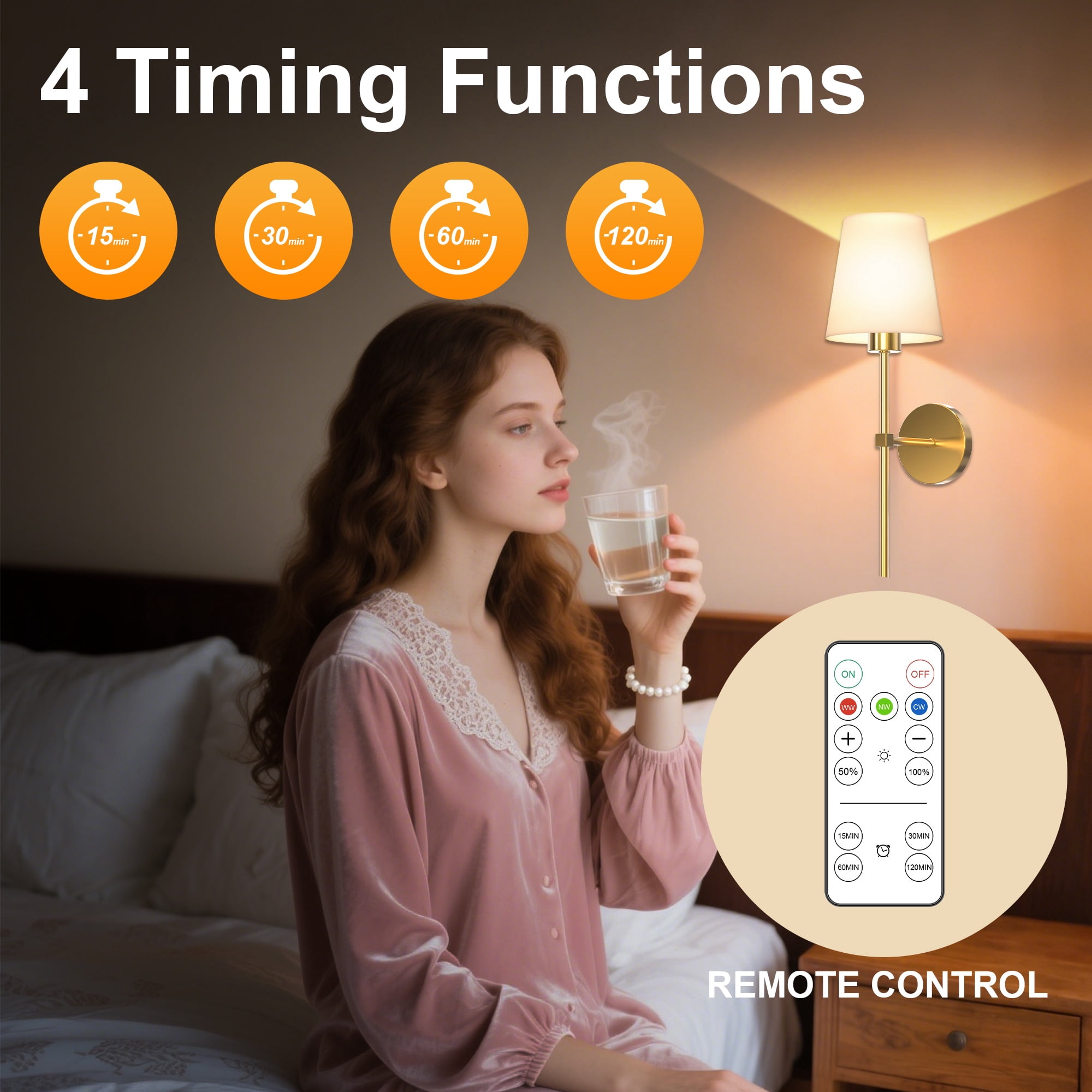 DAYBETTER Battery Operated Wall Sconces Set of 2, Wireless Rechargeable Hallway Light with Remote, 3 Color Temps Dimmable Lamp for Living Room