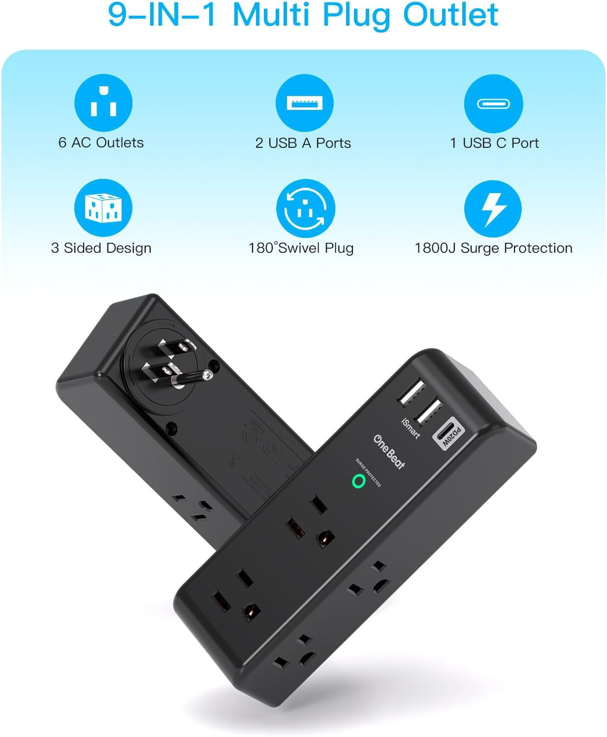 PD20W Surge Protector Outlet Extender, 1800J Rotating Plug, 6 AC Outlets & 3 USB Ports(1 USB C), 3-Sided Wall Power Adapter for Home Office