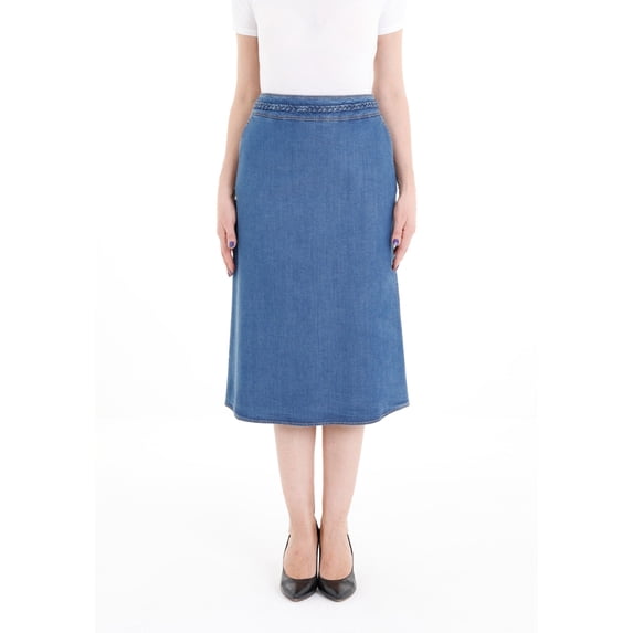 Blue Tencel A-Line Denim Midi Skirt with Knit Waistband Belt and Pockets