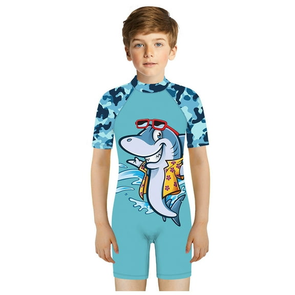 Wolcakyue Boys One-Piece Short Sleeve Swimsuits Rash Guard Suits Swimwear 50 Uv Sun Protective Zip,Blue 9-10 Years