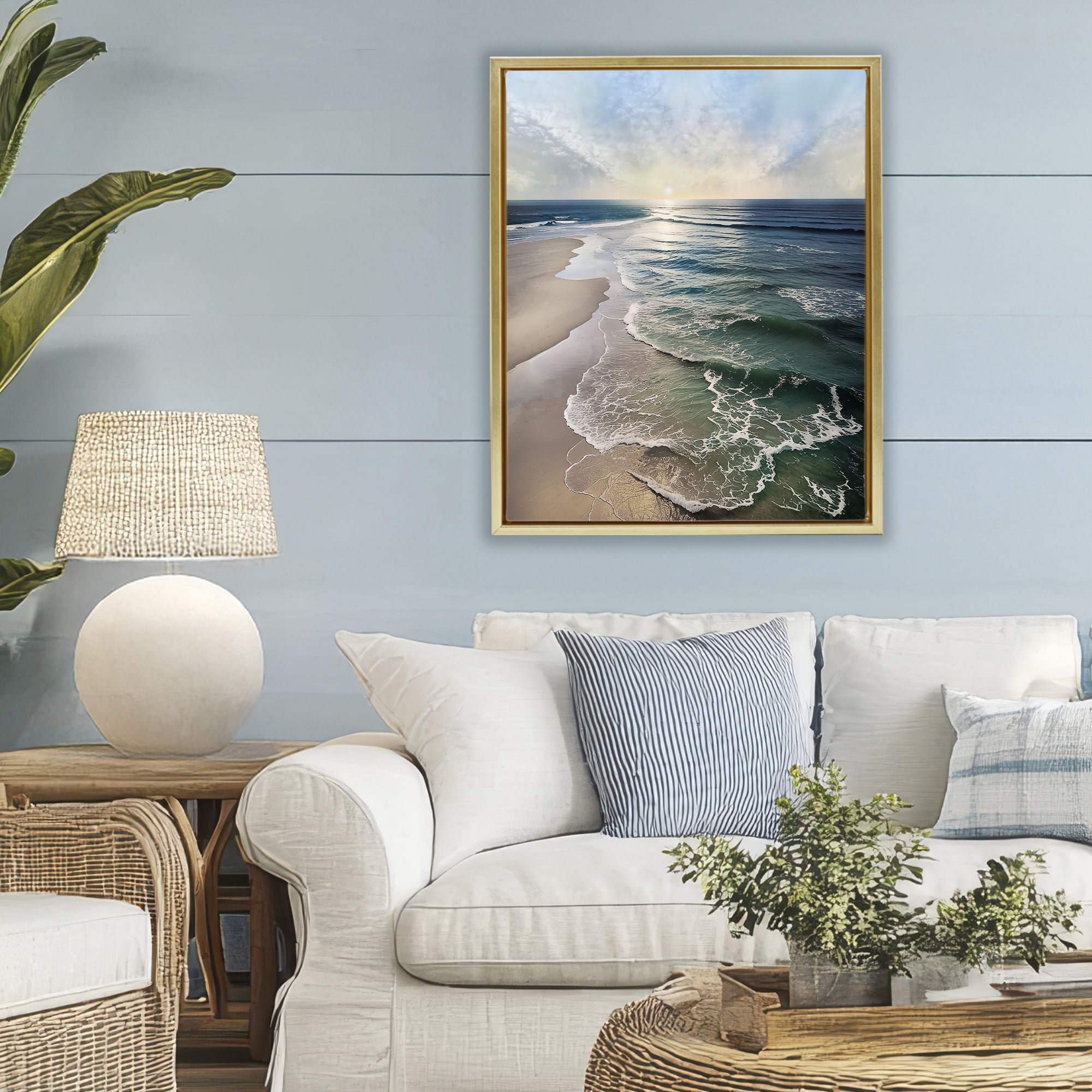 Stupell Industries Tranquil Shoreline with Soft Light Gold Framed Floater Canvas Wall Art, design by Mike Calascibetta