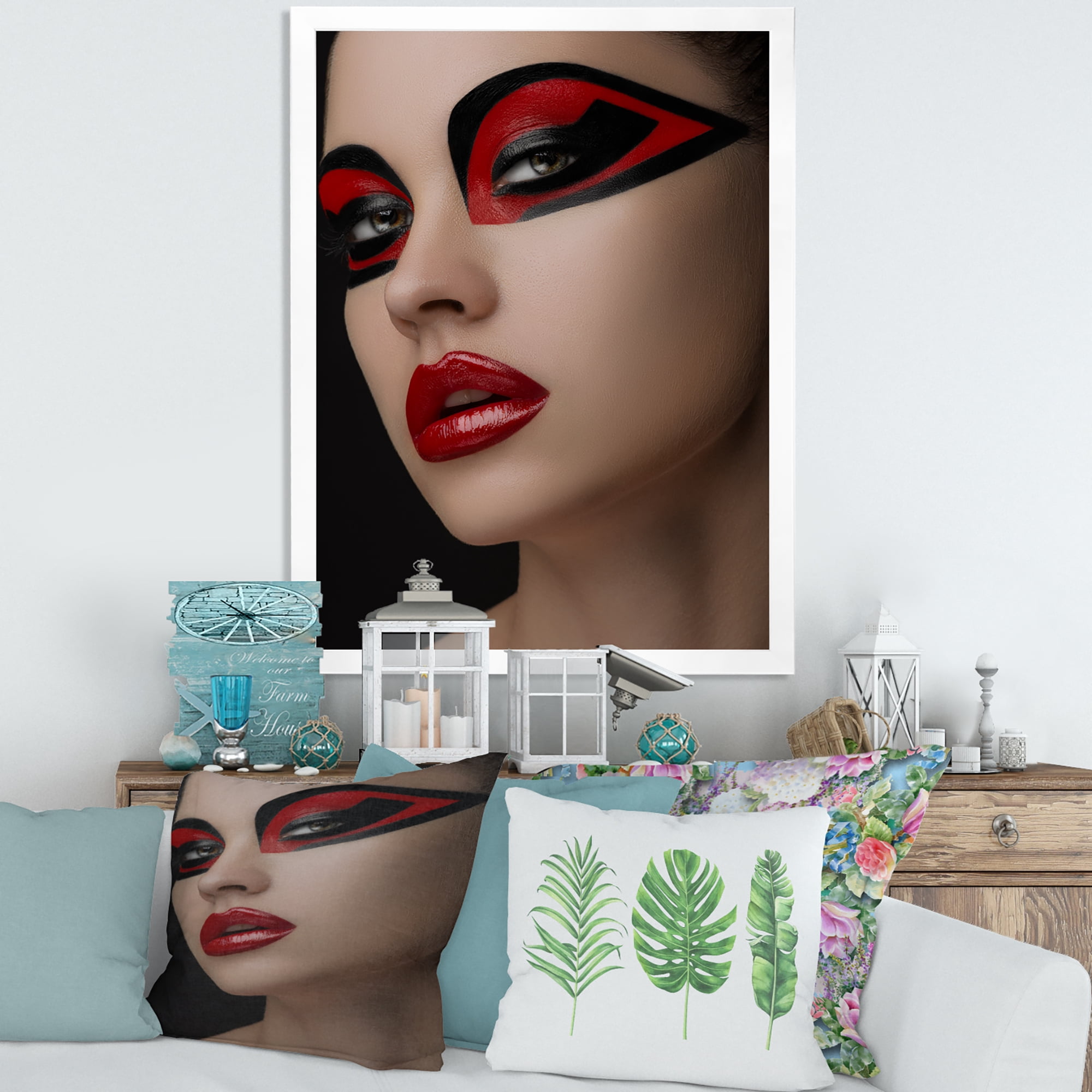 Designart 'Red Lips Black Makeup On The Eyes of Mask Girl' Modern Framed Art Print