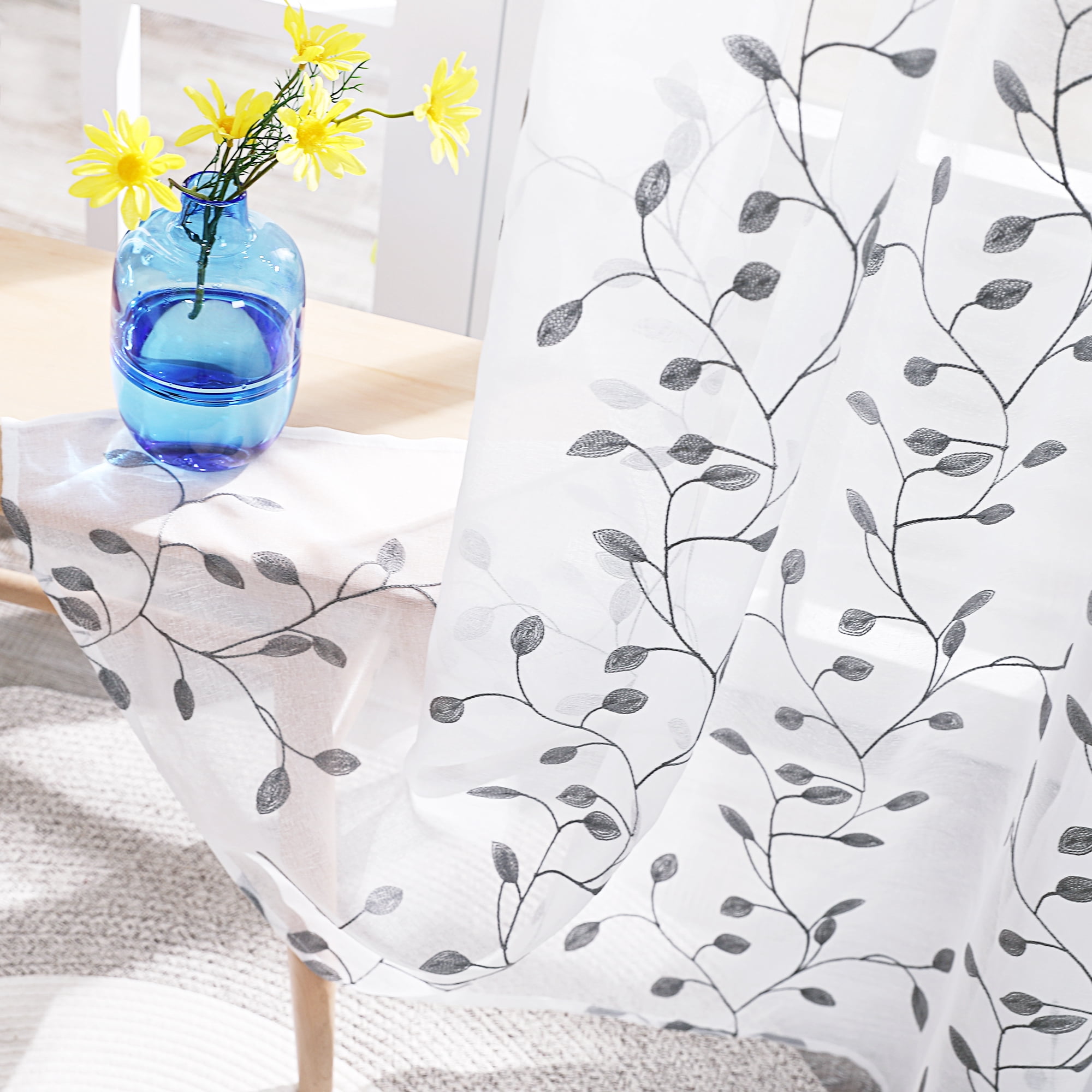 Deconovo Embroidered White Sheer Curtains, 2 Panels Curtains with Leaves Pattern for Balcony - 2 Panels, Each 52x45 in, Gray