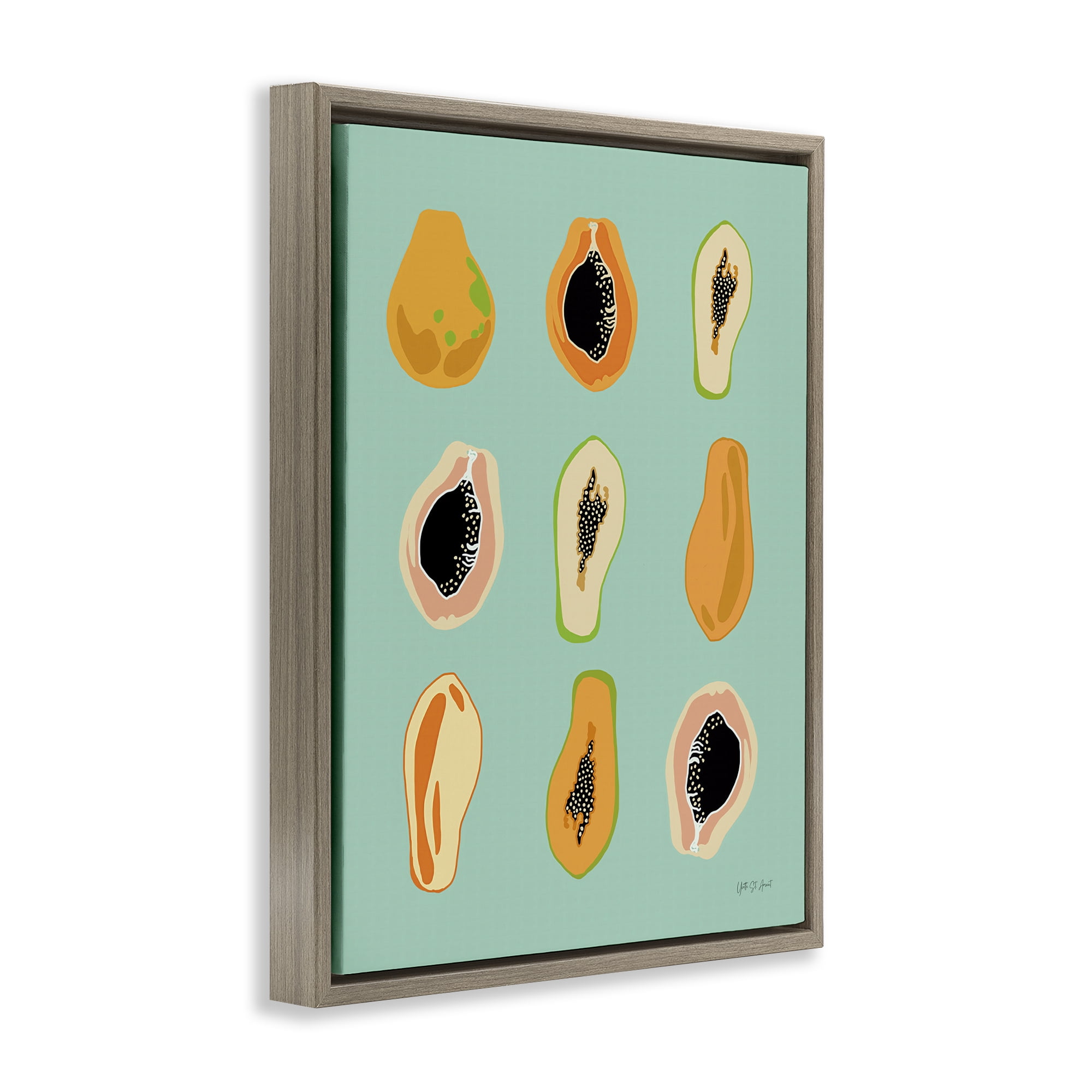 Stupell Industries Papaya Fruits on Blue Food & Beverage Painting Brown Floater Framed Canvas Art Print Wall Art, 17 x 21