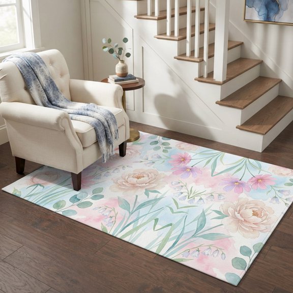 Area Rugs 4'x6'. Romantic Peonies Cosmos Carpet Runner Indoor Outdoor Rugs Home Decor Aesthetic, Eucalyptus Ferns Minimalist Non Slip Mats Washable Accent Rug for Living Room Bedroom