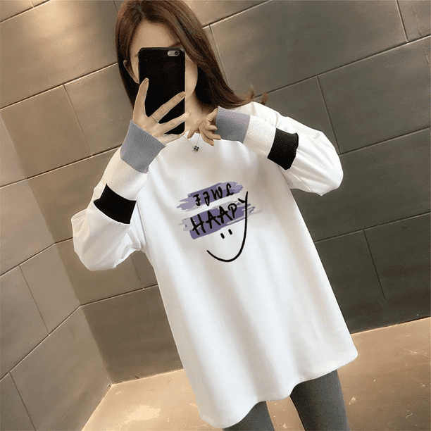 Camiseta interior de mujer con forro polar, manga larga, algodón, estampado, largo medio, holgada, gruesa, para otoño/invierno