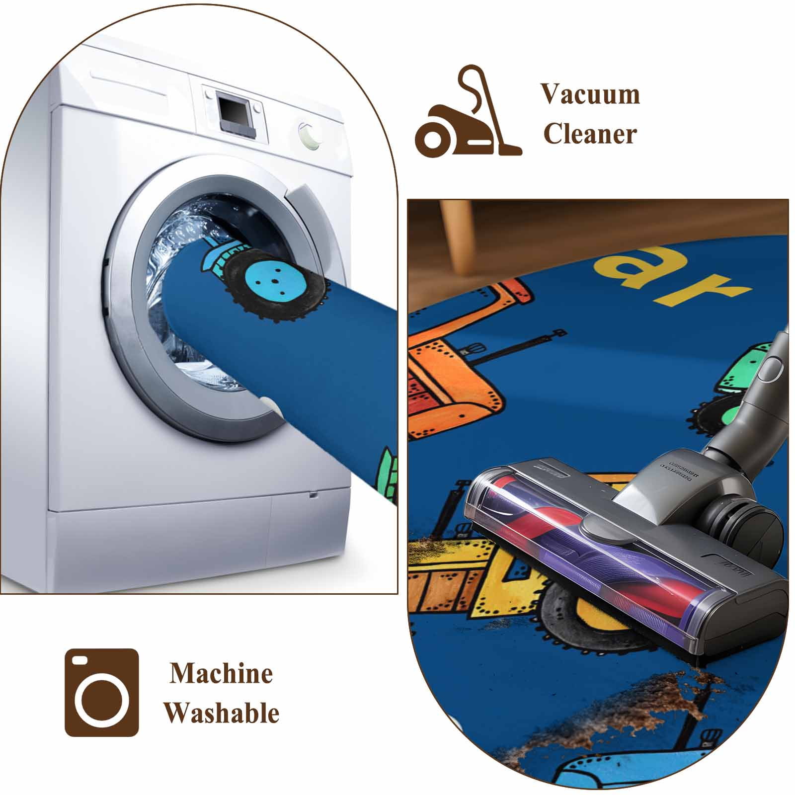 Cartoon Tractor Round Area Rug 8Ft Washable Large Circle Rugs for Living Room Dorm, Cute Beep Car Digger Shovel Truck Blue Non-Slip Carpet Floor Mats Indoor Outdoor Carpet Runner Aesthetic Home Decor