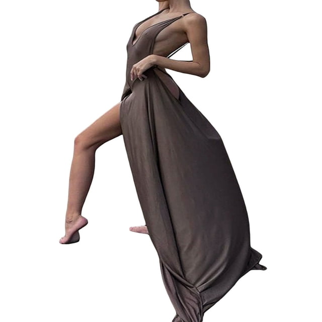 Robe Justaucorps pour Femmes Sans Manches Col en V Profond Dos Nu Robe Longue Fluide pour Cocktail