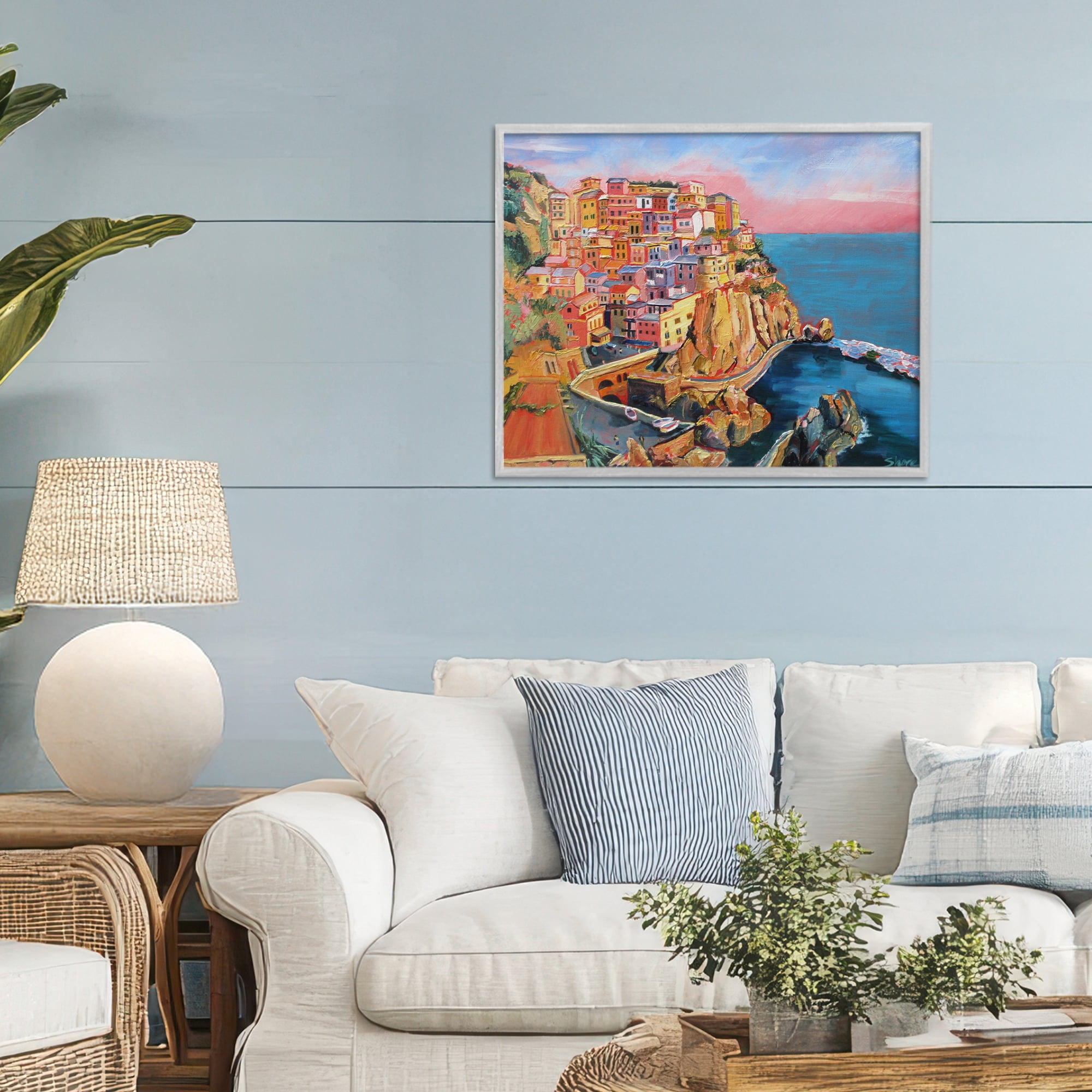 Stupell Industries Cinque Terre Seascape Architecture Gray Framed Giclee Art, design by Maxine Shore