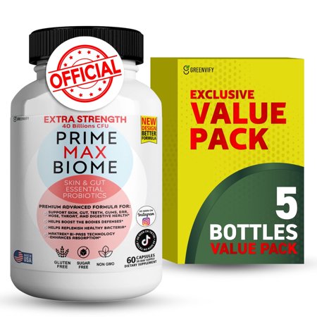 Prime Max Biome Probiotics 40 Billion CFU, 4 Strains + Prebiotics, MAKTrek® Bi-Pass, Gut & Skin Support, 300 Capsules, Non-GMO, Gluten-Free