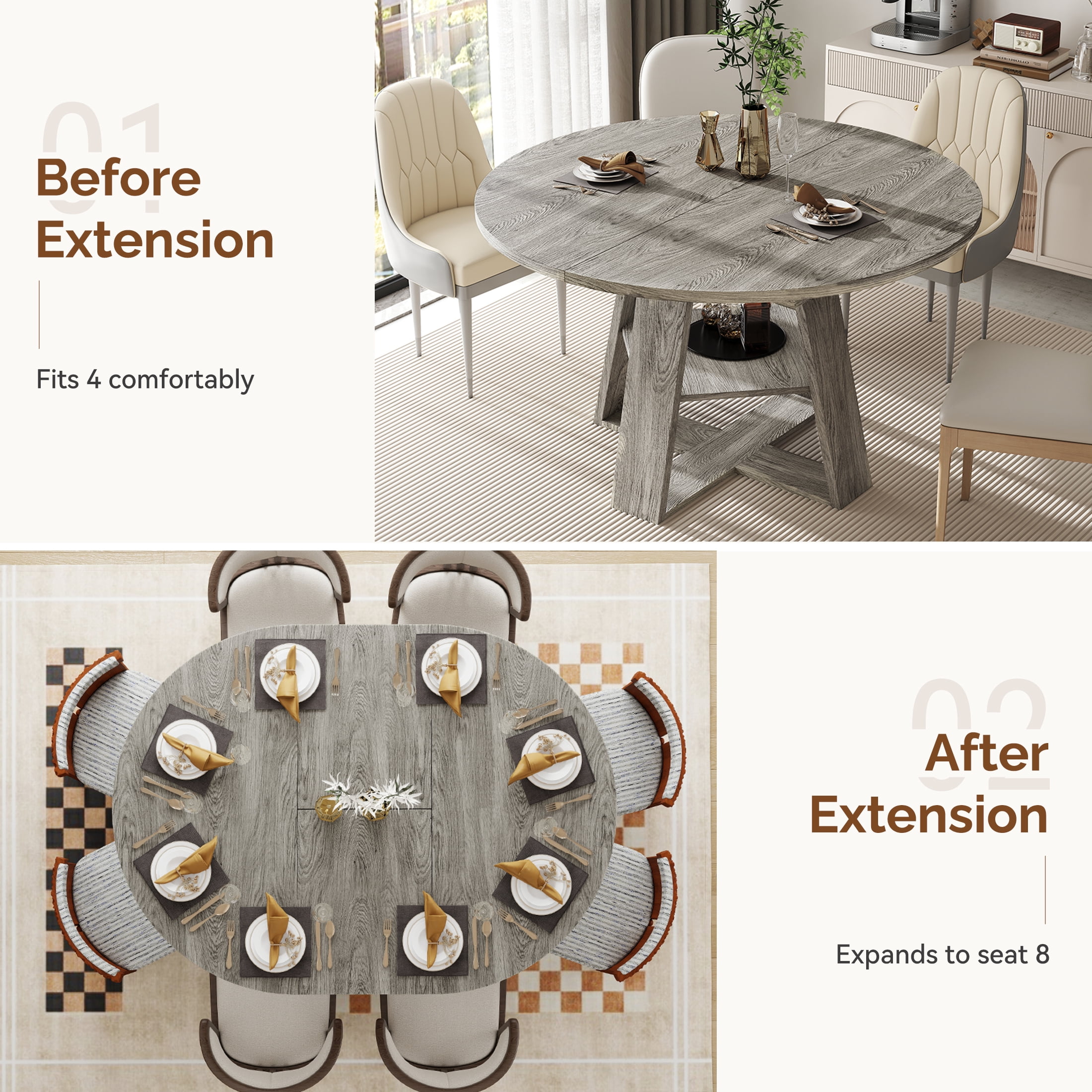 Hawsaiy 43.3-59 in Extendable Oval Dining Table for 4-6, Space-Saving Round Kitchen Table with Hidden Leaf Storage & Bottom Shelf for Small Space, Gray