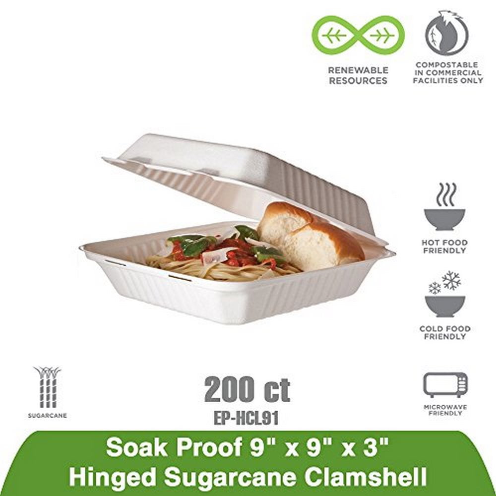 Buy EcoProducts Sugarcane Clamshell Containers, SoakProof/Hinged, 3H