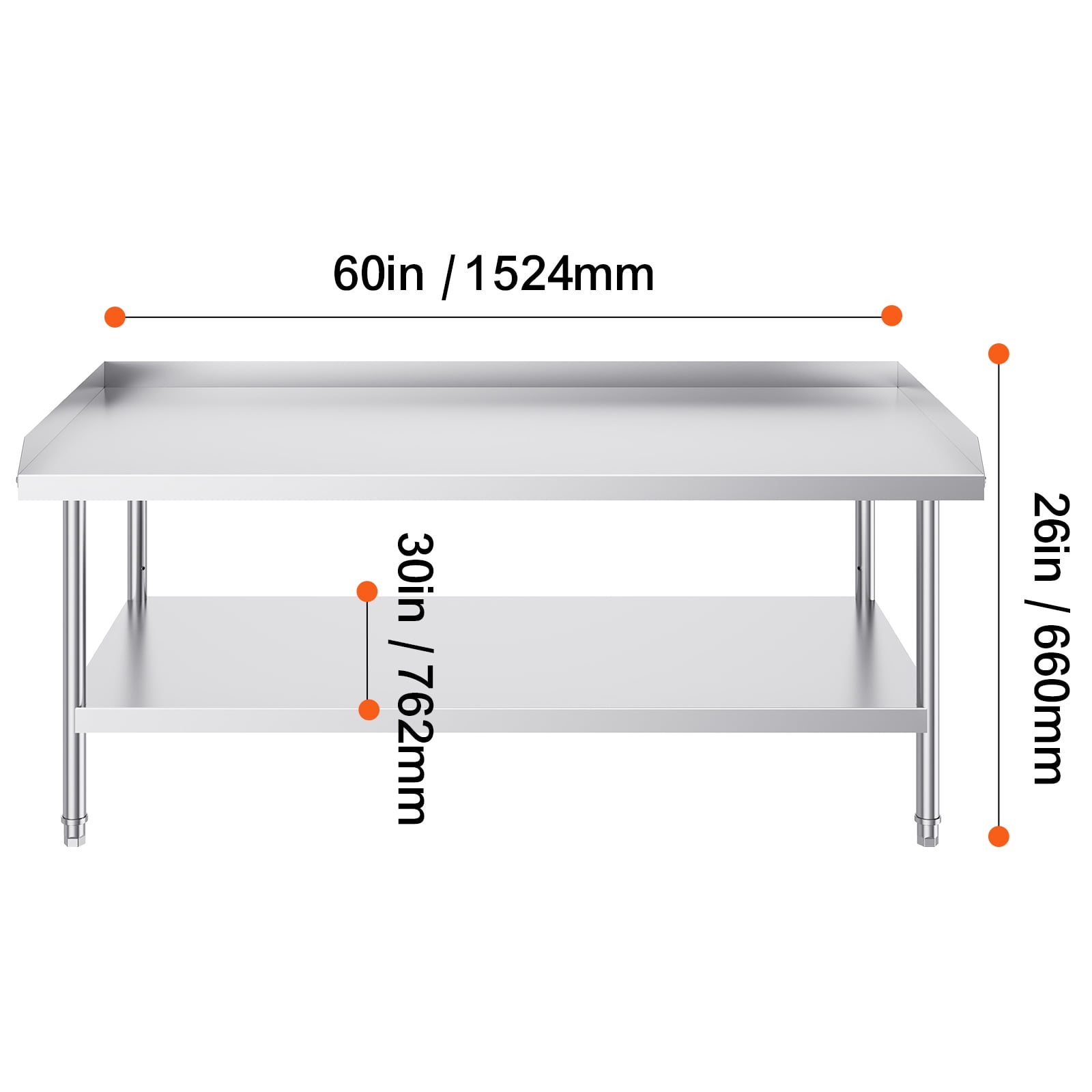 KFFKFF Stainless Steel Work Table, 30 x 60 x 26 Inch Commercial Food Prep Table with 3-Sided Backsplash, Durable Metal Workstation for Kitchen, Restaurant, or Home Use