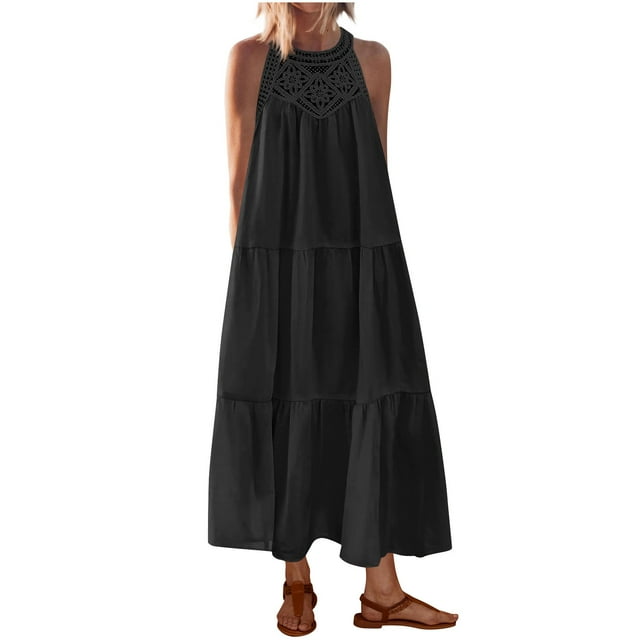 Staron Robes d'Été pour Femmes Boho Décontractées de Printemps à Volants Sans Manches Évasées Longues Fluides Robes de Plage à Col Licou Amples Vacances Robe Maxi