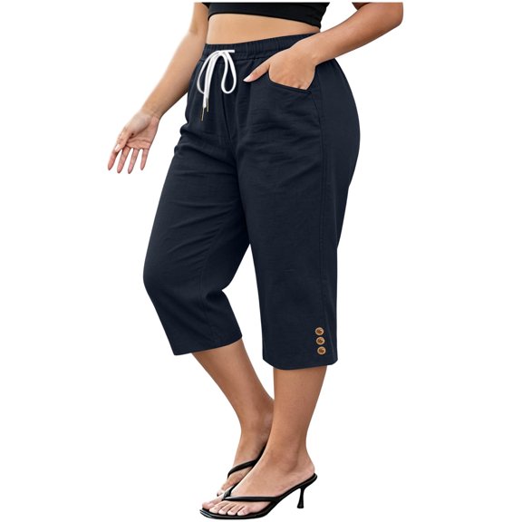 Bosfbaoi Plus Size Capri Pants for Women Drawstring Elastic Waist Side Pockets Button Detail Cuff Loose Casual Cropped Trousers