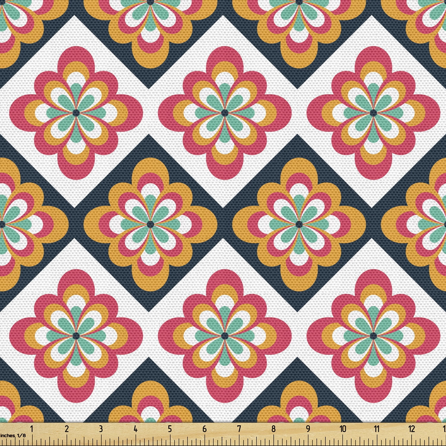 Ethnic Fabric by The Yard, Checkered Folk Pattern with Vibrant Colored