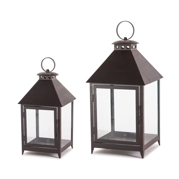 Metal Lanterns Set of 2 - Decorative Footed Candle Holders - Indoor Outdoor Farmhouse Decor