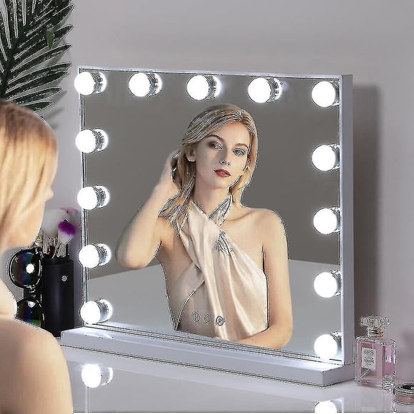 Refurbished Special Gift Hollywood Vanity Mirror, 52x42cm, 12 LED Light Bulbs, Adjustable Color Temperature and Brightness, Stainless Steel Base, Freestanding, Rectangular