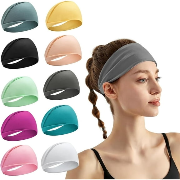 10Pcs Non Slip Sport Sweatbands,Women's Workout Headbands,Premium Stretchy Head Bands Hair Accessories,Moisture Wicking Wide Headbands,for Home Travel Running Yoga Random Color