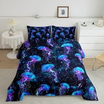 Jellyfish Comforter Set Twin Marine Life Bedding Black Blue Neon Ombre Light Ocean Bubbles Bedding Comforter Sets Cartoon Glow Gradient Reversible Black Quilt