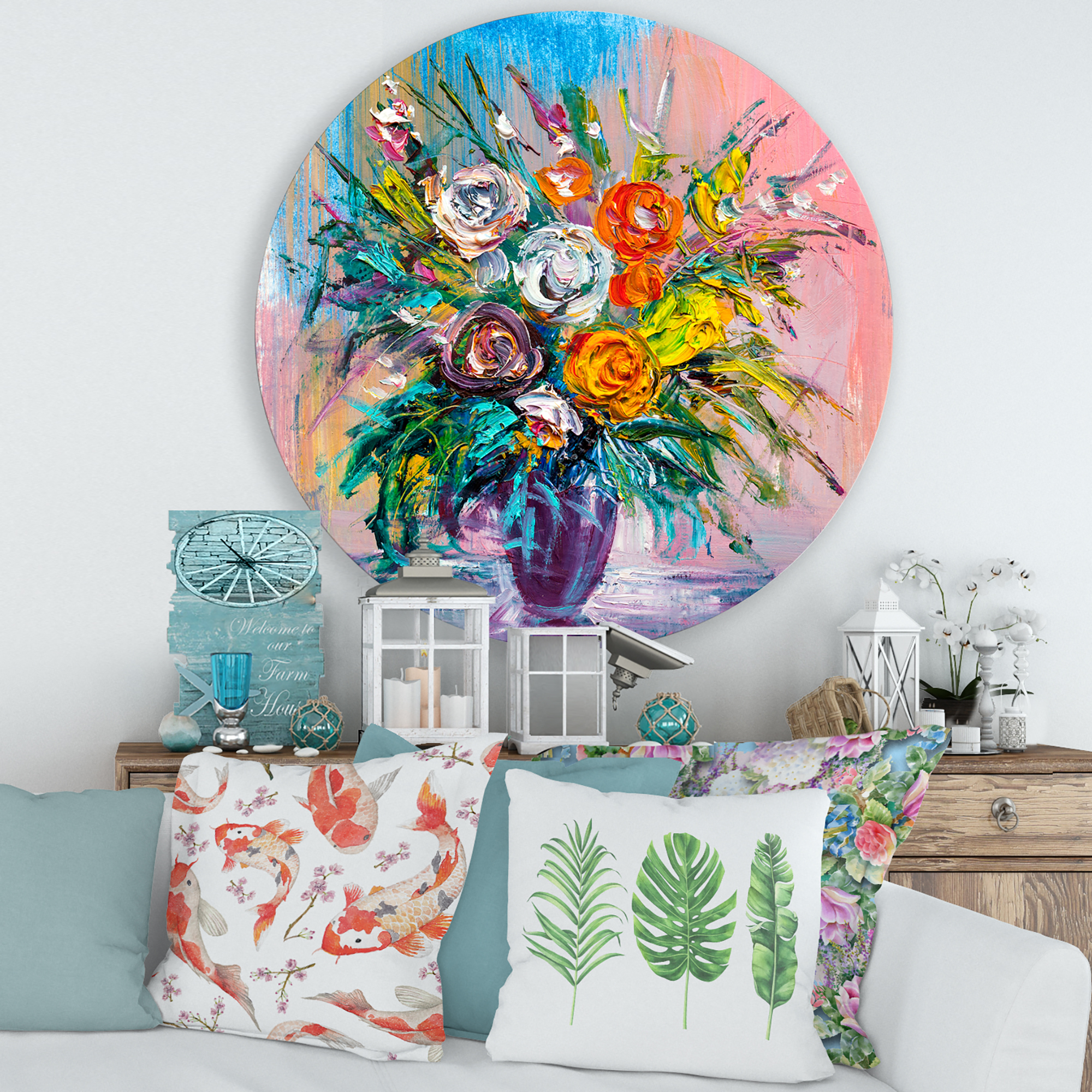 Designart 'Bouquet Of Vibrant Colored Flowers' Traditional Circle Metal Wall Art 29x29 - Disc of 29