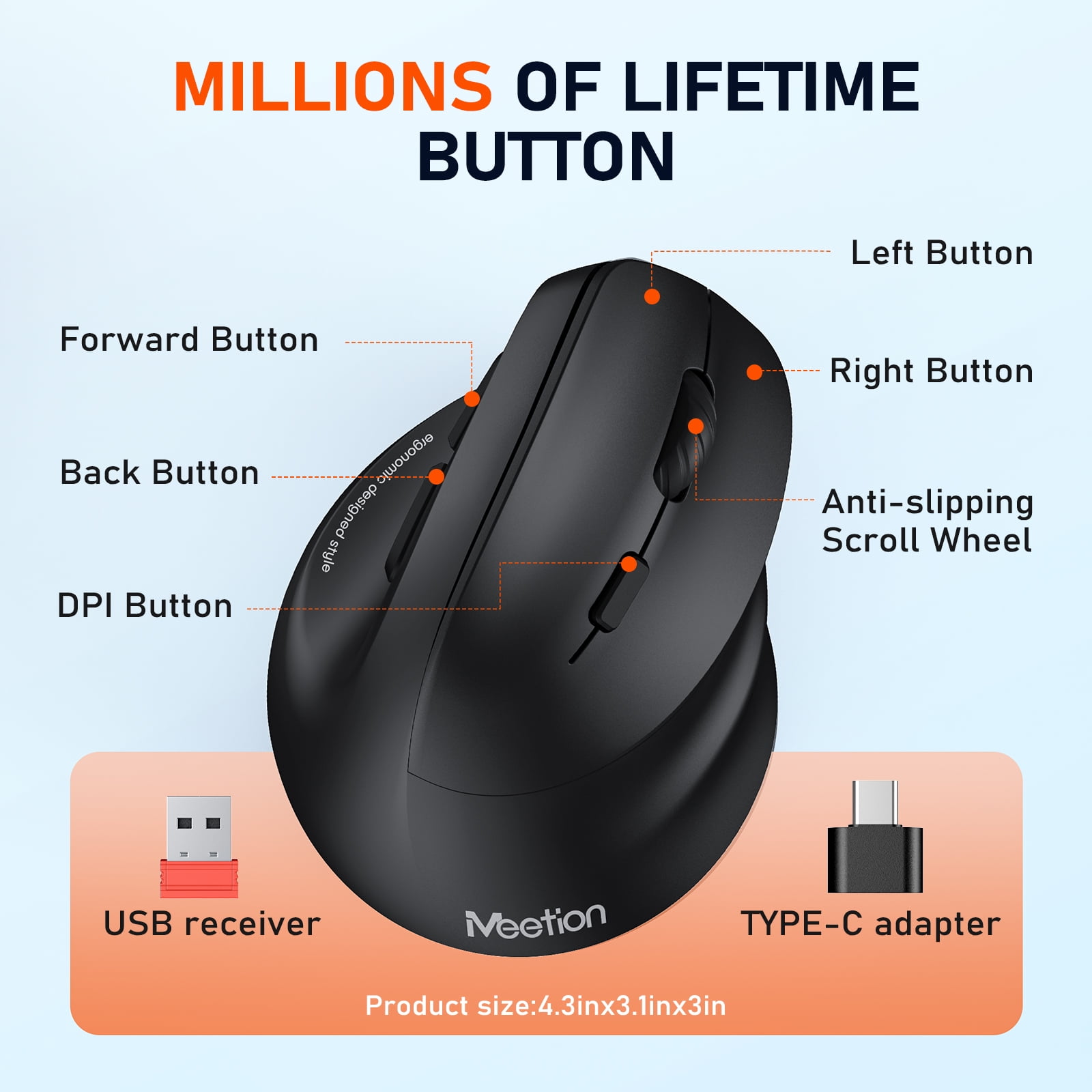MEETION Wireless Mouse, Vertical Ergonomic Design, Rechargeable via Type-C, Bluetooth & 2.4G, Large Comfort Grip, Black