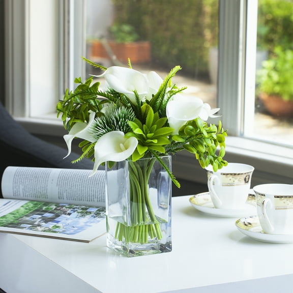 Enova Home Artificial Flowers Mixed Cream Real Touch Lily and Greenery Fake Silk Flowers Arrangement in Rectangle Glass Vase with Faux Water for Home Office Wedding Decoration