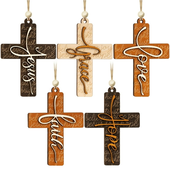 Christmas Wooden Cross Ornaments for Christmas Tree, Religious Gifts for Women Faith, Girl, Nativity Cross Christian Gift for Xmas Holiday Church, Jesus, Bible Gifts, Grace, New Year (5pcs)