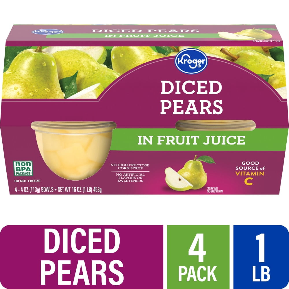 Kroger Diced Pears in Fruit Juice Cups 4 ct / 4 oz - 3 Pack