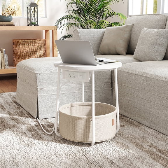 LEDREM Round Charging Side Table - End Table with 2 Outlets & Fabric Basket, Sleek Space-Saving Furniture, Matte White and Camel Brown