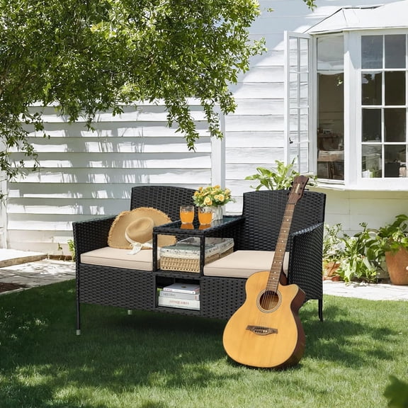 Vineego Outdoor Patio Loveseat Black Wicker 2-Seat Patio Conversation Set with Cushions & Center Storage Table,Beige