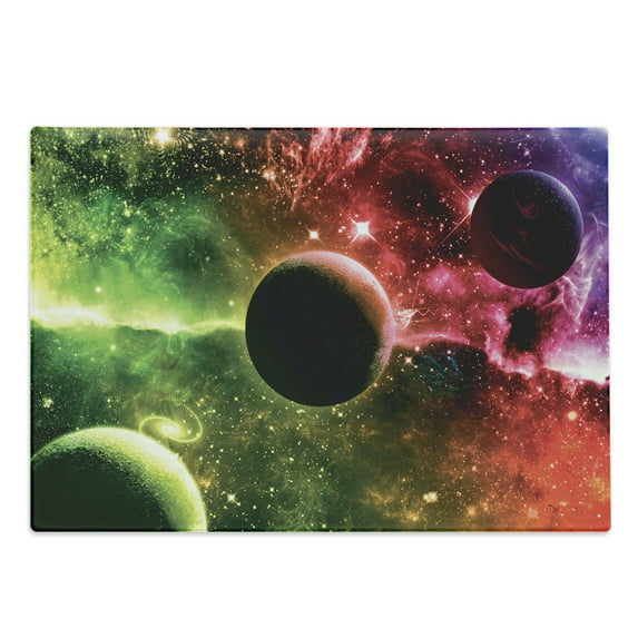 Psychedelic Cutting Board, Space Universe Cosmos Galaxy Nebula Stars and Planets in Trippy Tones Image, Decorative Tempered Glass Cutting and Serving Board, Large Size, Magenta Green, by Ambesonne