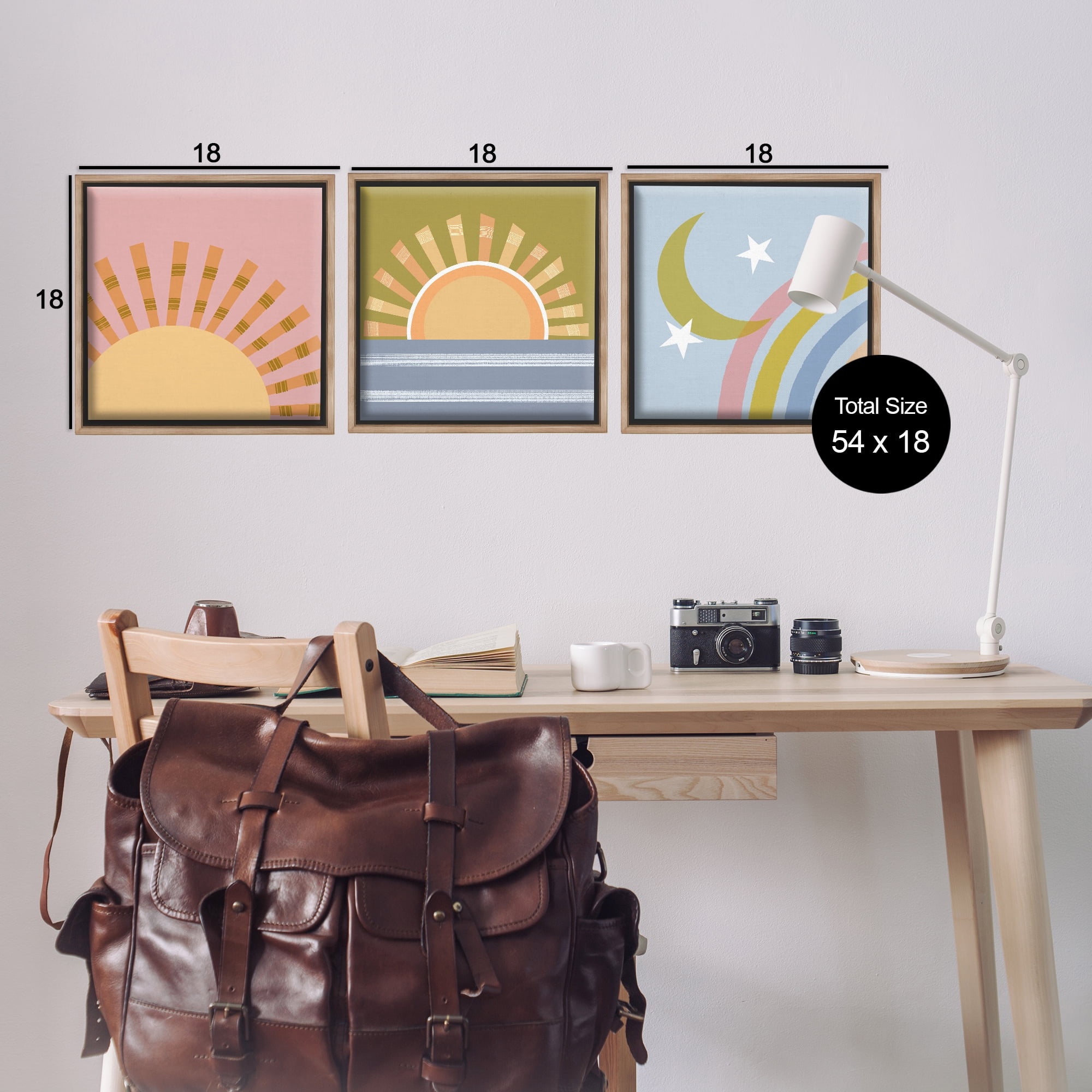 Stupell Industries Rising Sun & Moon Landscape & Nature Painting Brown Floater Framed Canvas Art Print Wall Art, 18 x 18, Set of 3