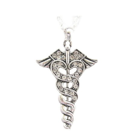 - Caduceus Medical Symbol Crystal Charm On Silver Plated Fashion Necklace