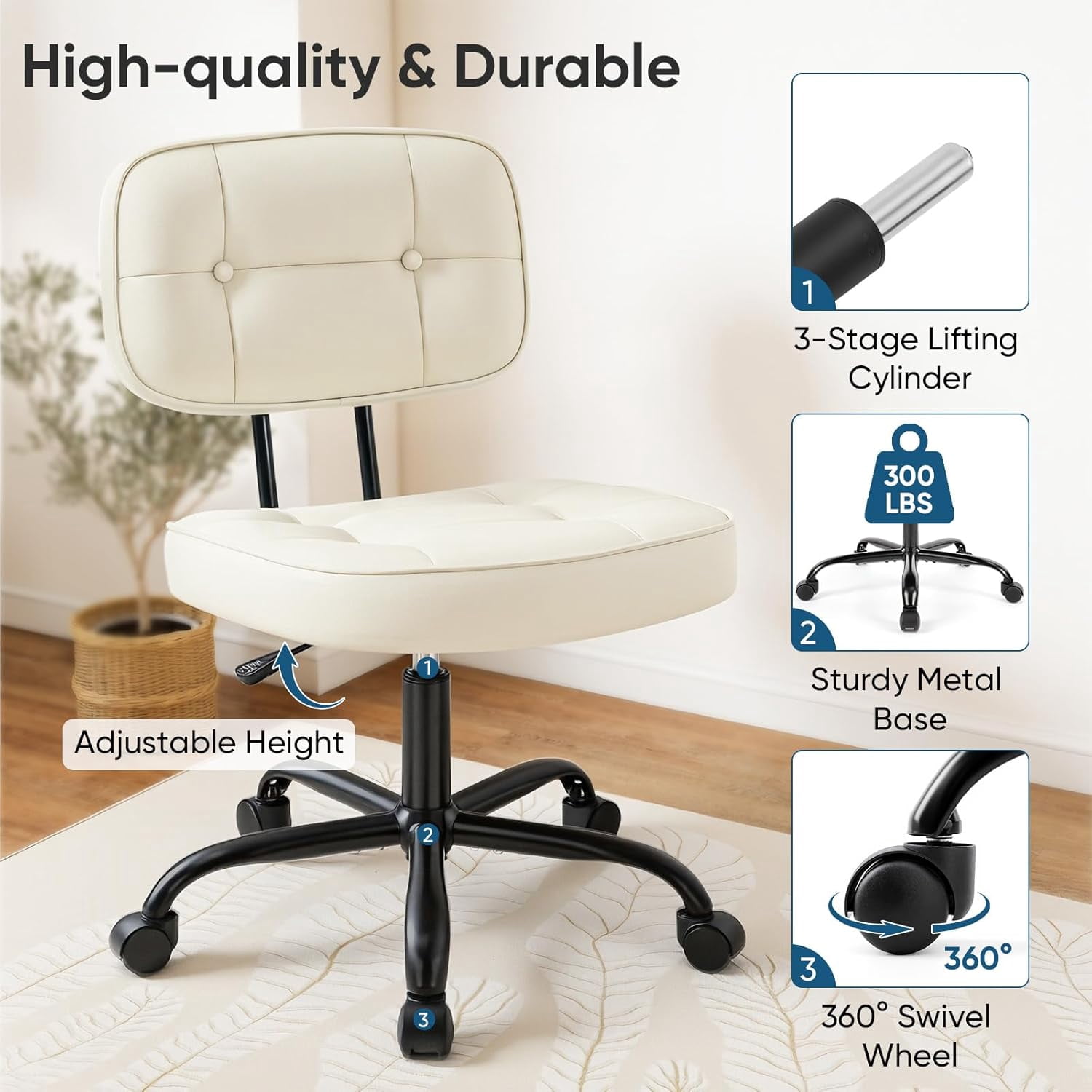 Armless Vanity Chair for Makeup Room, Small Desk Chair with Tufted PU Leather, Adjustable Height Rolling Computer Chair for Home Office & Dorm, Beige