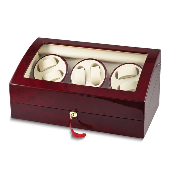 Rotations High Gloss Red Burlwood Finish with Acrylic Window Faux Leather Lined Locking Wooden 6-Watch Winder with 6-Watch Storage Area (AC Powered) QGM13139
