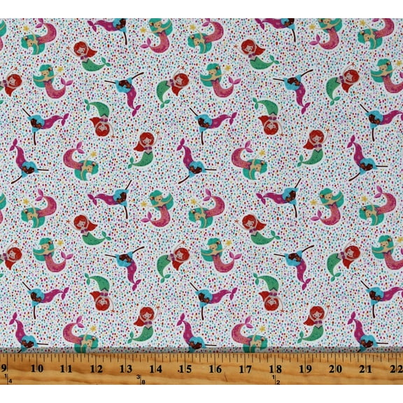 Cotton Mermaids Aquatic Sea Ocean Girls Kids Multi-Color on White Cotton Fabric Print by the Yard (KIDZ-C1074-WHITE)