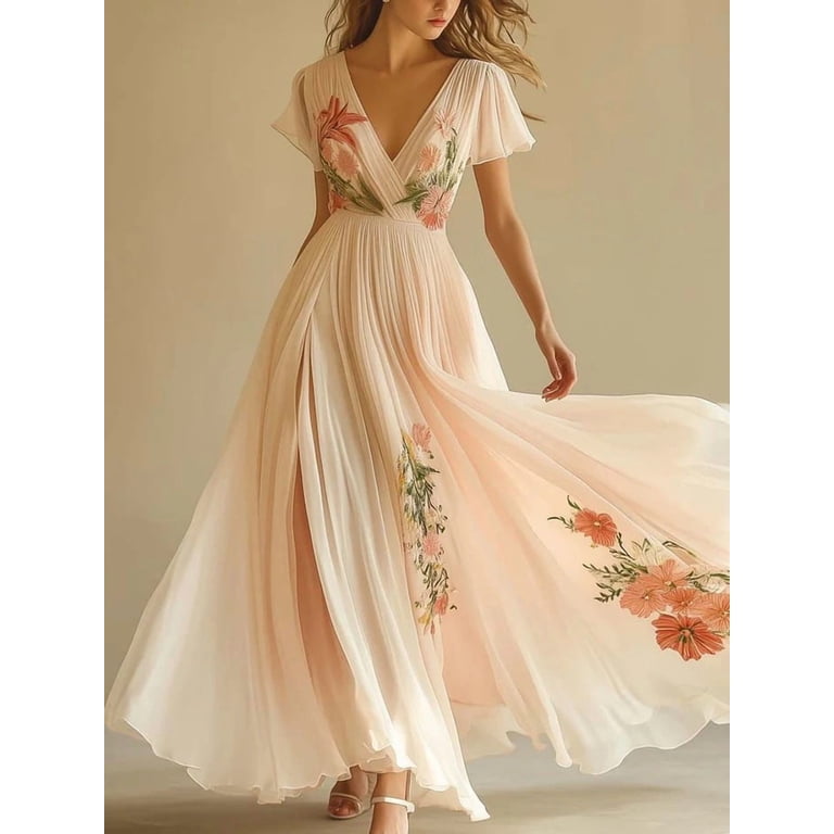 fitted lace wedding dress Pink Floral Puff Sleeve Square Neck Empire Waist Tiered Maxi Dress – Blue  Zone Planet main image 0