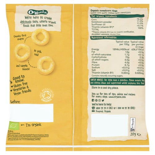 Organix Melty Organic Sweetcorn Rings Baby Puffs 6 months+ 20g, British Import (Pack of 3)