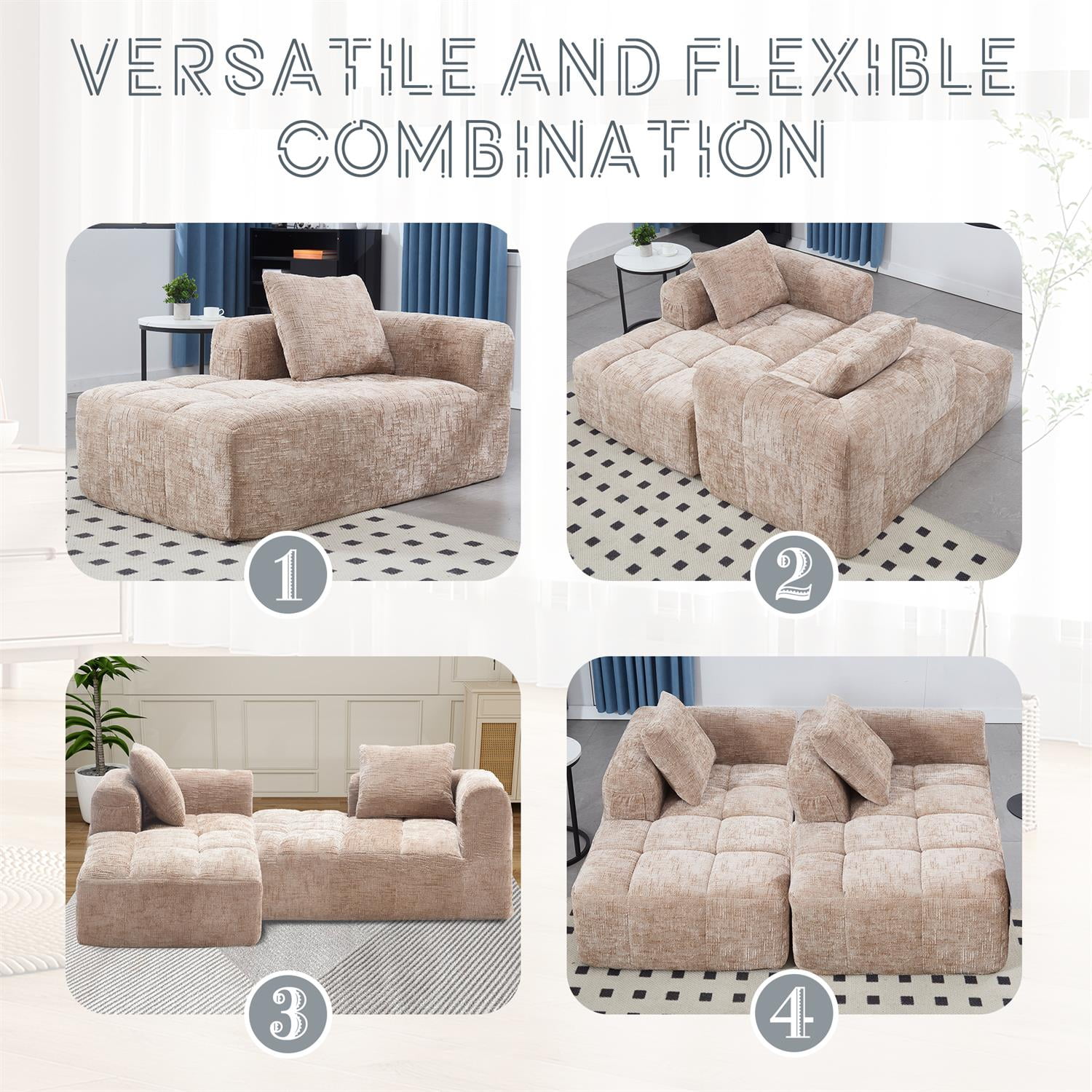 Demi Bonn 62" Plush Chenille Loveseat Sofa, Modular Sleeper for Living Room, Bedroom, Apartment Lounge, Stylish & Comfortable Couch, Beige