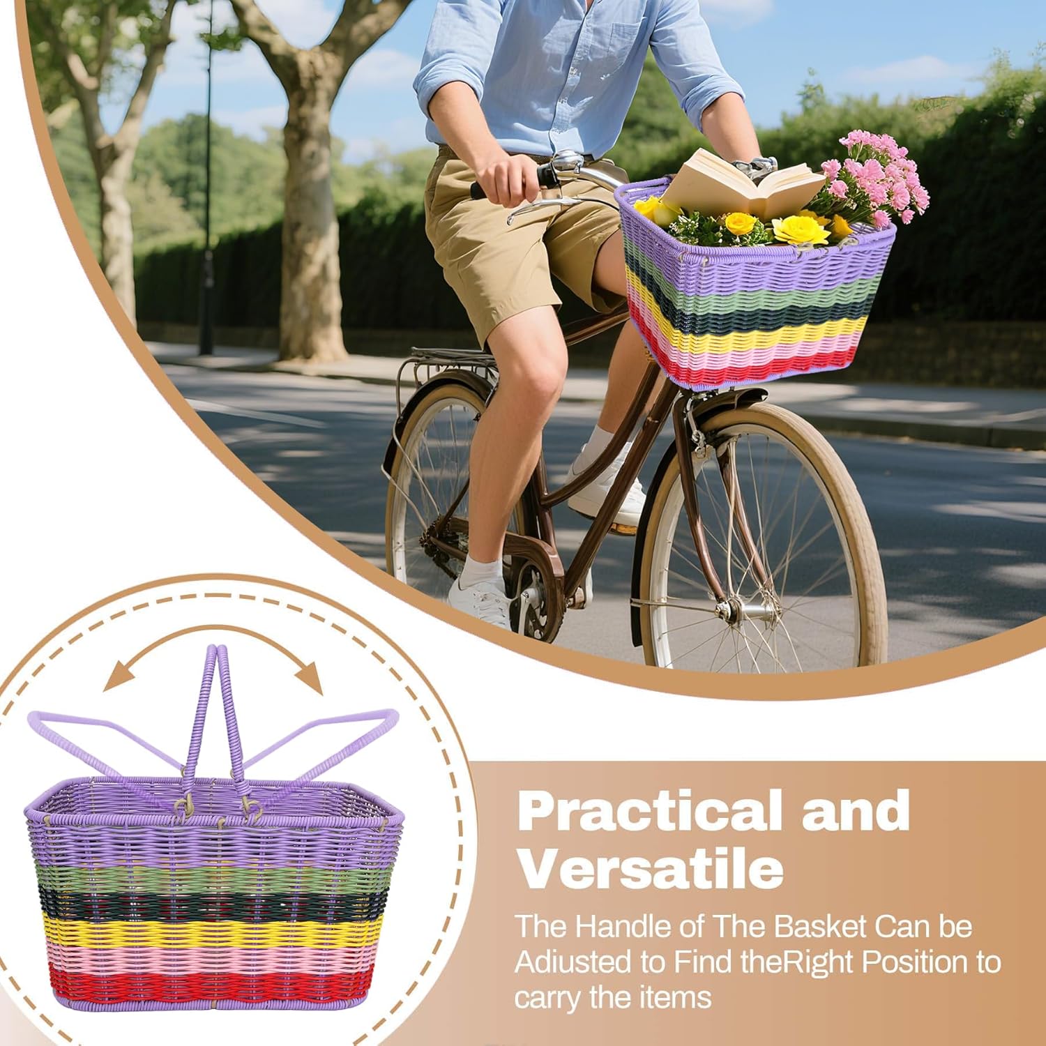 Bike Basket Front, Large Wicker Baskets, Hand-Woven Bicycle Basket with Iron Framework, Detachable Front Handlebar Basket
