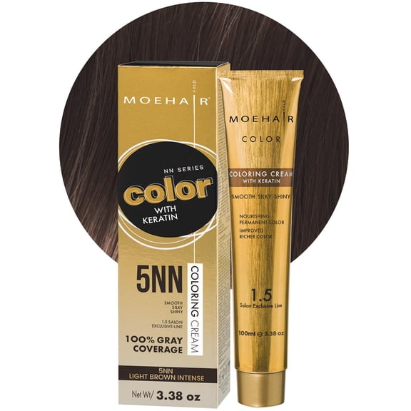 MOEHAIR Hair Coloring Kit | 5NN Permanent Hair Color (Light Brown Intense), 20 Volume Developer 6%, Coloring Brush, Gloves & Mixing Bowl | Keratin Infused Color | Gray Coverage | Adds Shines