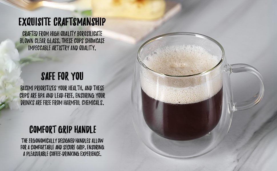 Bacimi Double Wall Borosilicate Clear Glass Coffee Tea Cups 10oz / 290ml 2 Pack