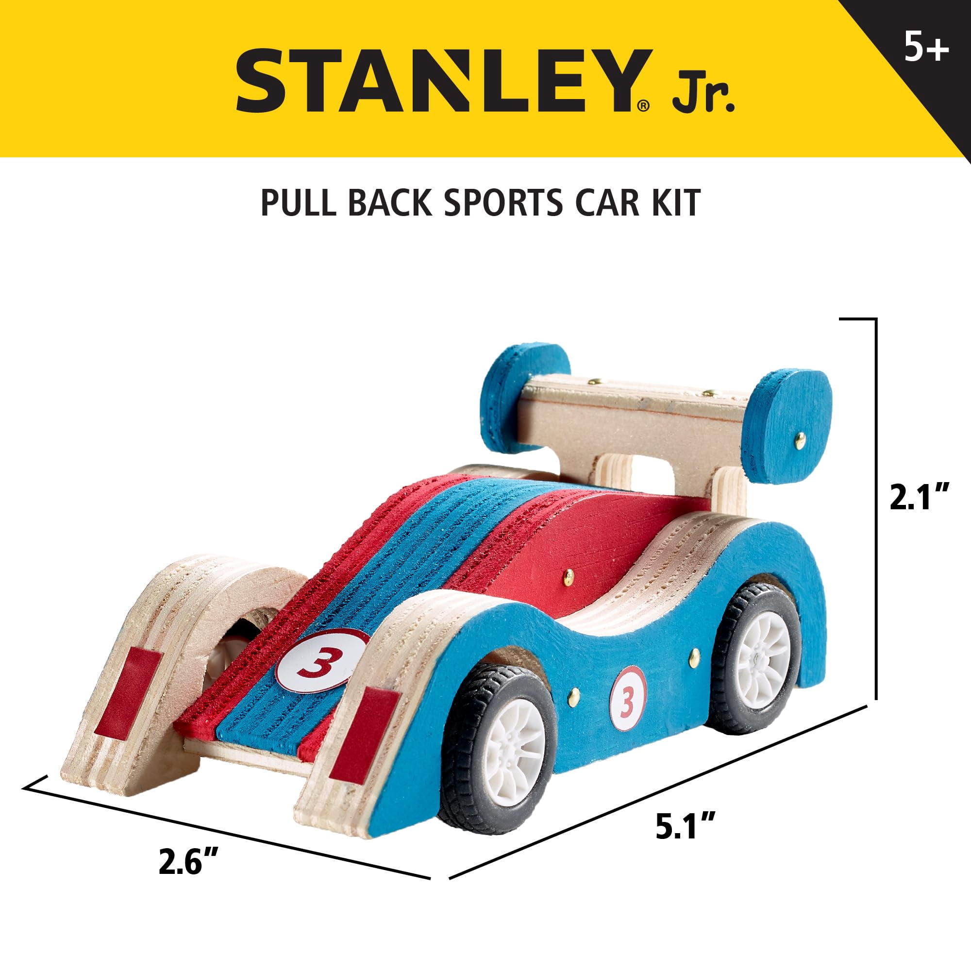 STANLEY Jr. DIY Pull Back Sports Car Building Kit for Kids Wood Racer W/ 5 Pcs Tool Set Beginning Woodworking Set with Paints, Ages 5 to 12