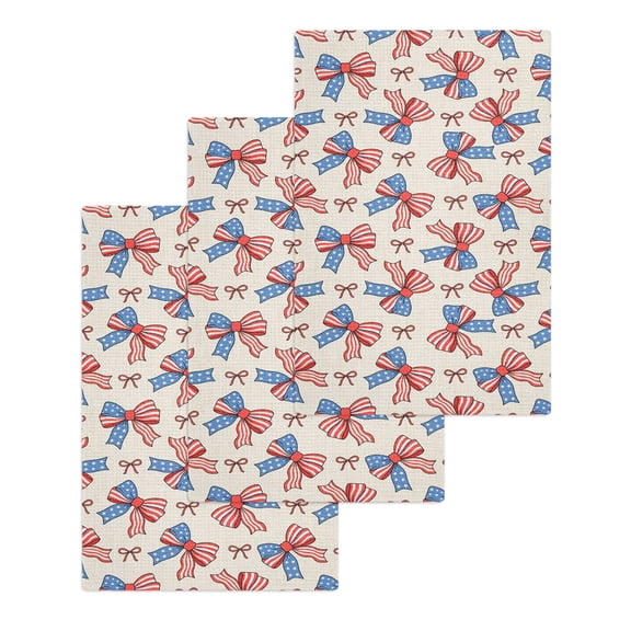 Independence Day Kitchen Dish Towels for Drying Dishes Set of 3, Red Blue Bow Star Stripe Flag Beige Waffle Weave Microfiber Hand Tea Bathroom Towels Quick Dry & Absorbent Towel 15.7x23.6