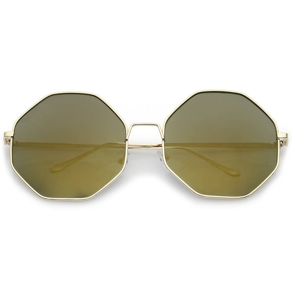 sunglassLA Female Oversize Metal Frame Slim Temple Colored Mirror Lens Hexagon Sunglasses 63mm (Gold / Gold Mirror) - 63mm