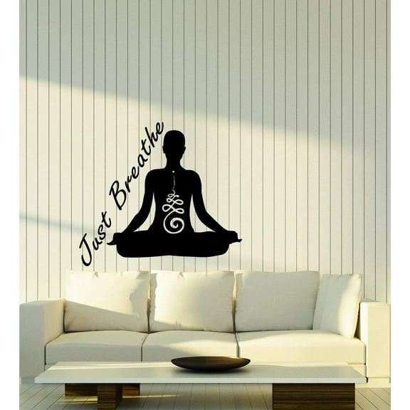 Vinyl Wall Decal Just Breathe Yoga Quote Meditation Pose Stickers